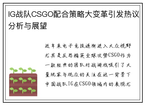 IG战队CSGO配合策略大变革引发热议分析与展望